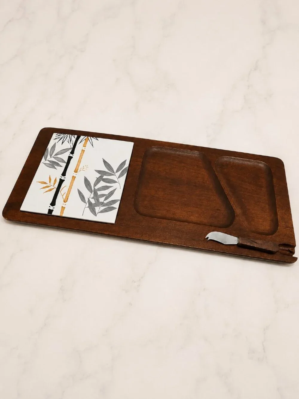 Vintage 1966 MCM Mid-Century Teak Serving Tray Bamboo Tile + Knife Japan Unused